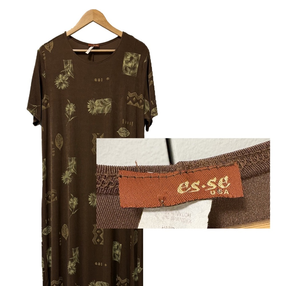 Vintage Esse brown boho botanical print stretchy nylon maxi dress size XXL 2XL